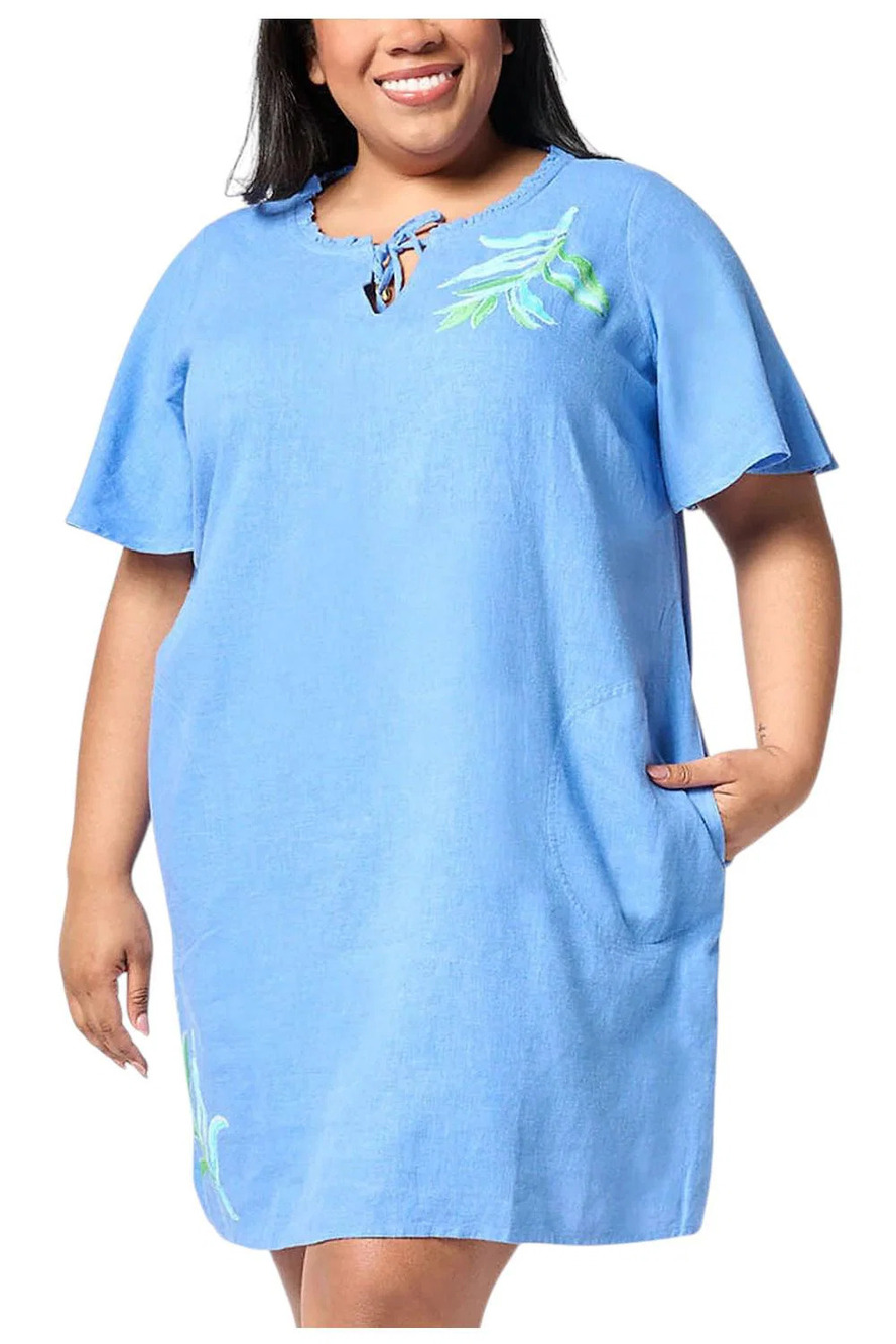 Susan Graver Soleil Linen Viscose Printed Cover-Up with Ties Blue - Regular